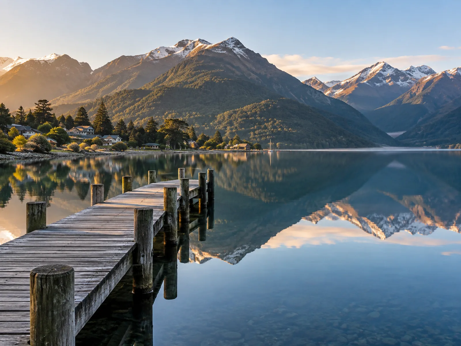 Glenorchy village on the still water of Lake Wakatipu with mountains reflected