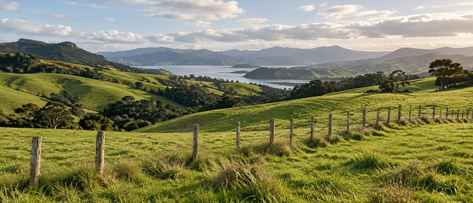 Rolling green countryside with a wooden fence, pastoral New Zealand landscape