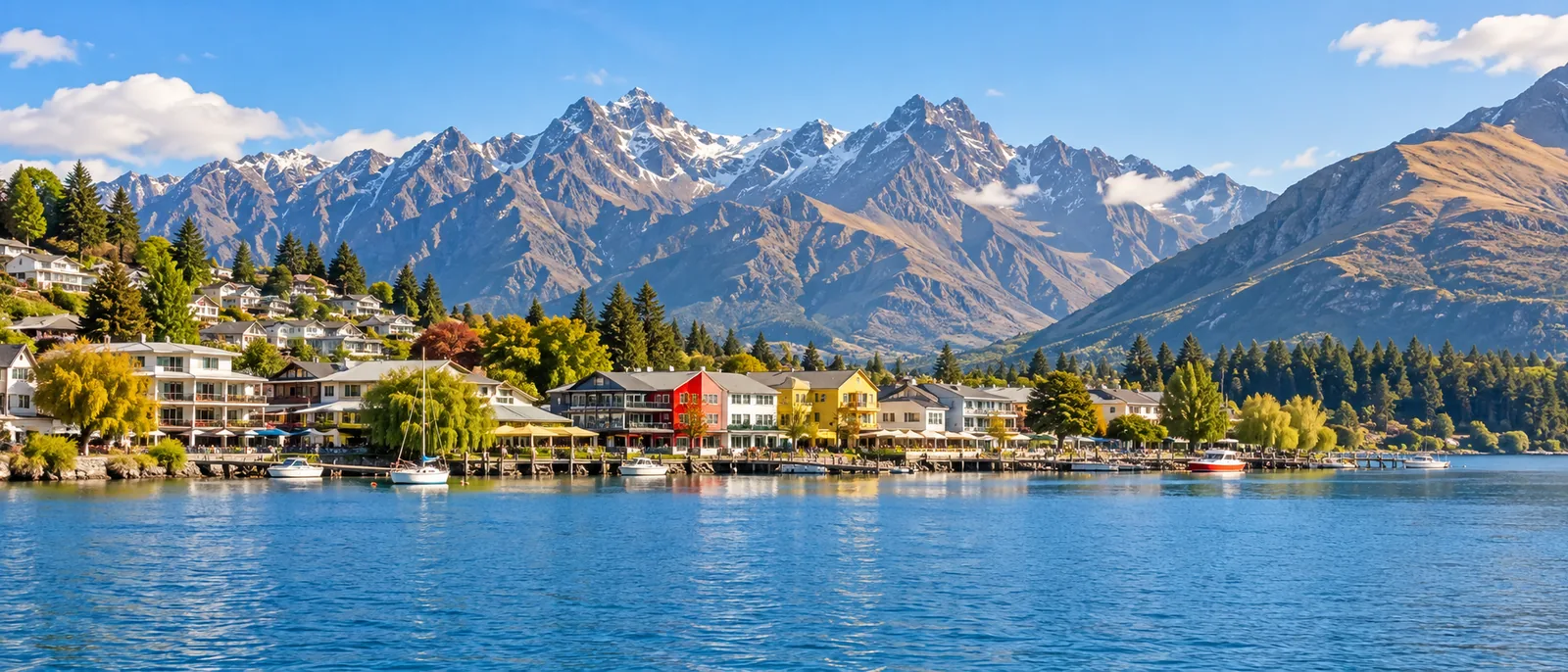 Queenstown township on the shore of Lake Wakatipu with The Remarkables mountains behind it