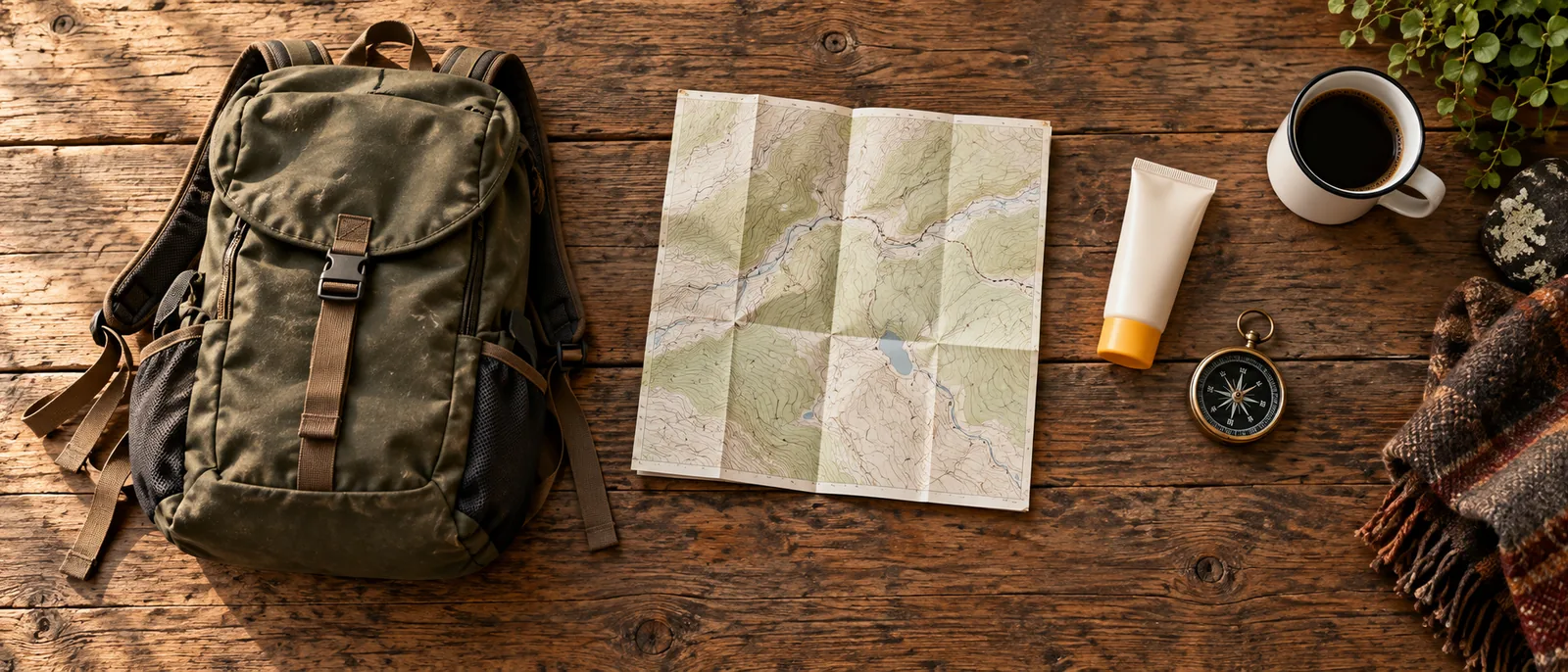 A daypack, trail map, sunscreen and a compass laid flat on a wooden table