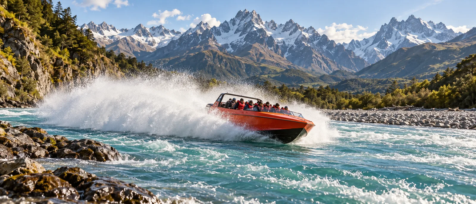 A jet boat throwing spray as it turns in a narrow canyon with mountains behind