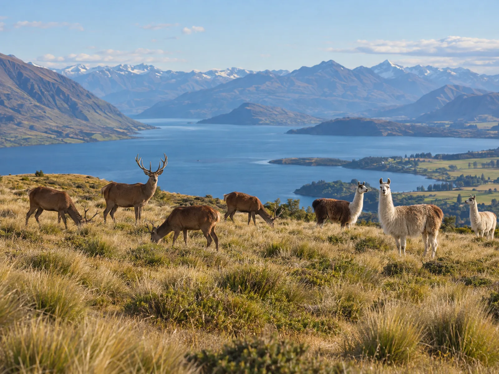 A high alpine farmland plateau with grazing animals and a panoramic view down over Lake Wakatipu