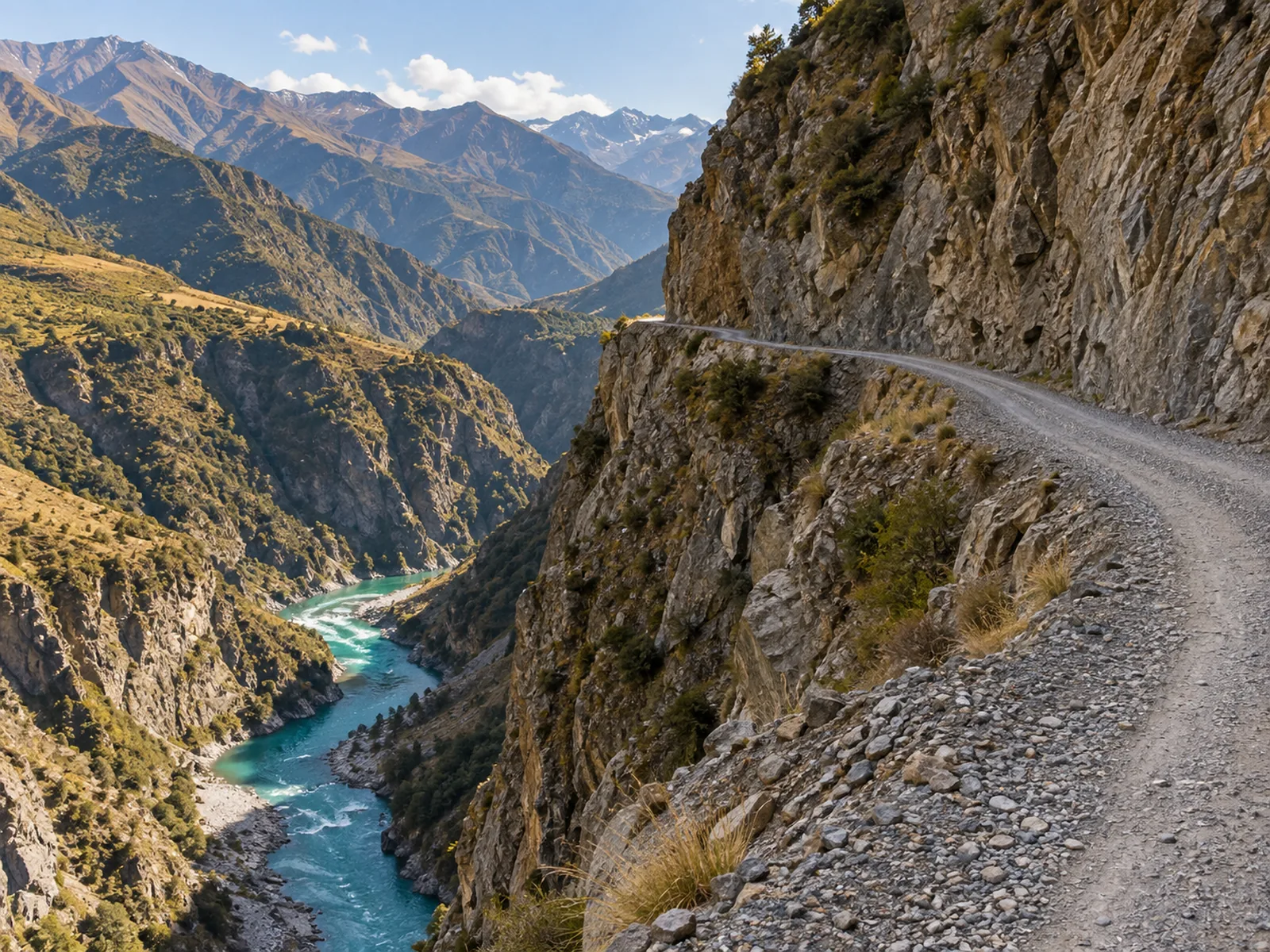 A narrow historic gravel road cut into a steep canyon wall above a turquoise river