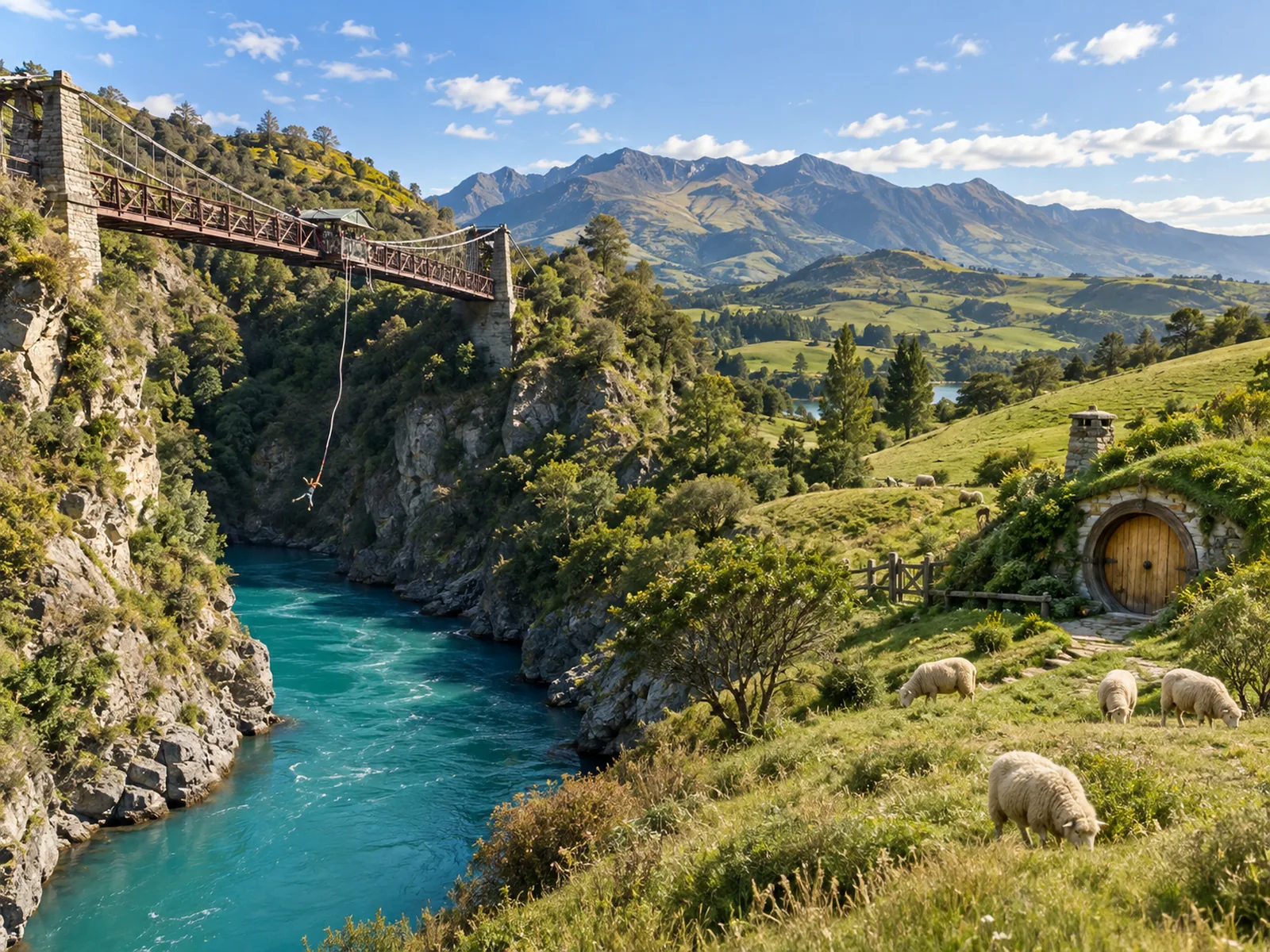 A split composition: a bungy jumper mid-fall over a turquoise gorge on one side, rolling green pastoral hills with a round wooden door built into a hillside on the other