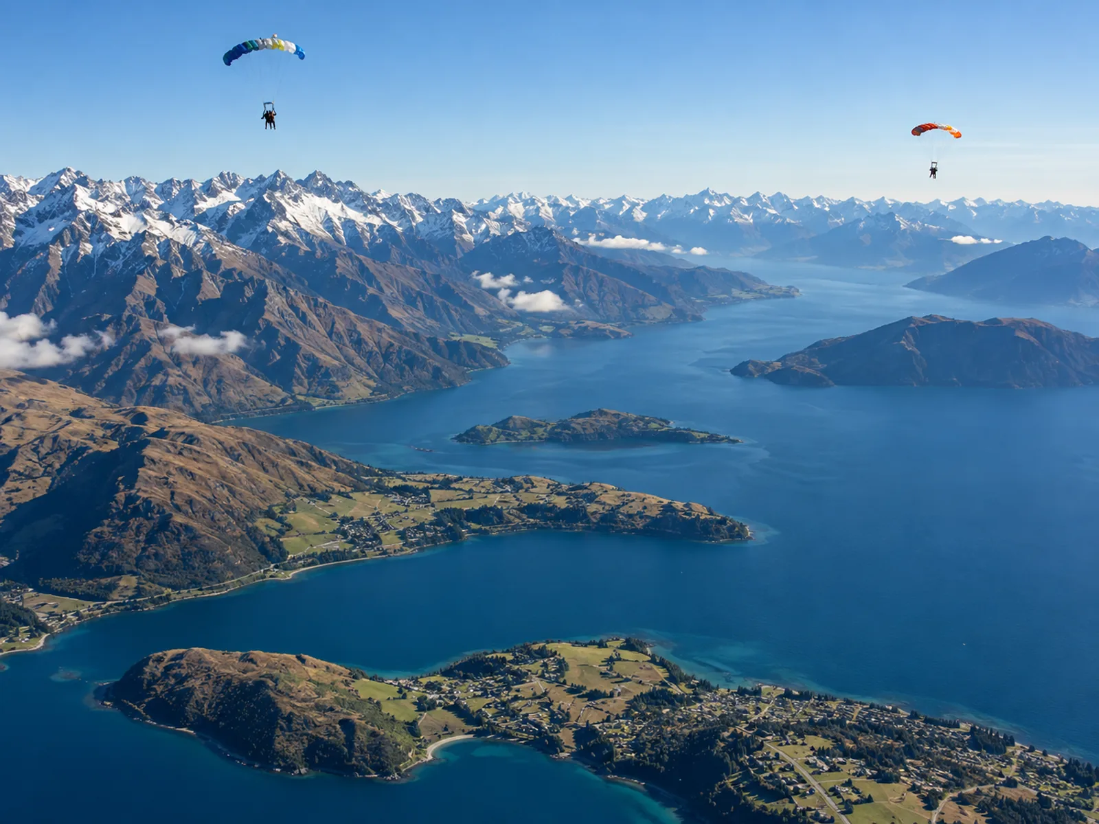 A tandem skydive pair in free fall above Lake Wakatipu and the Remarkables mountains