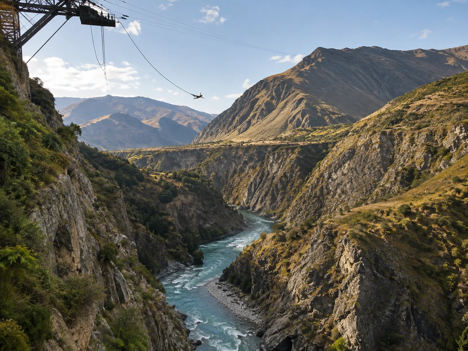 A person swinging in a wide arc from a rope structure over the deep Nevis Bluff canyon
