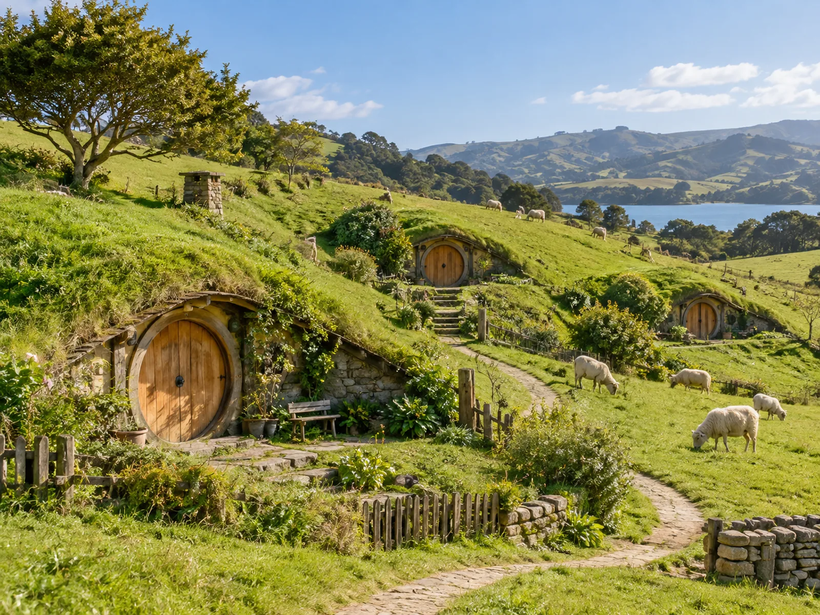 Rolling green farmland with small round wooden doors built into grassy hillsides, sheep grazing nearby