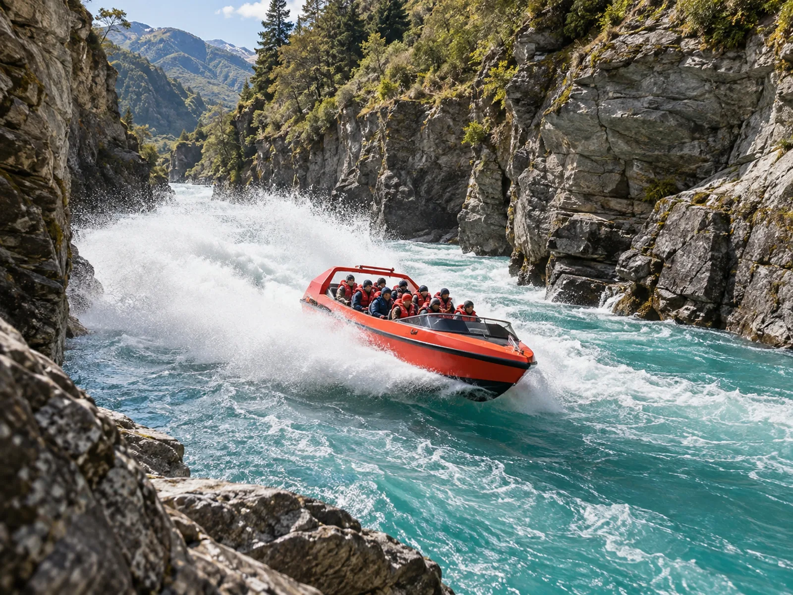 A red jet boat throwing a spray of water as it turns sharply in a narrow river canyon