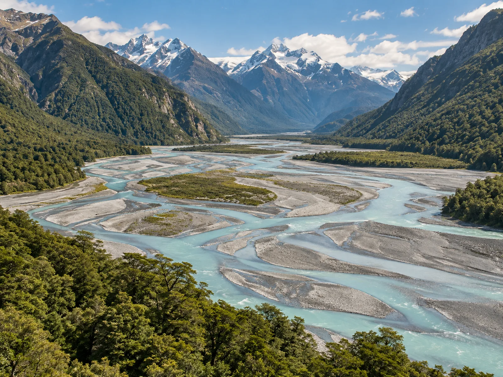 A braided glacial river flowing through a wide valley flanked by beech forest and mountains