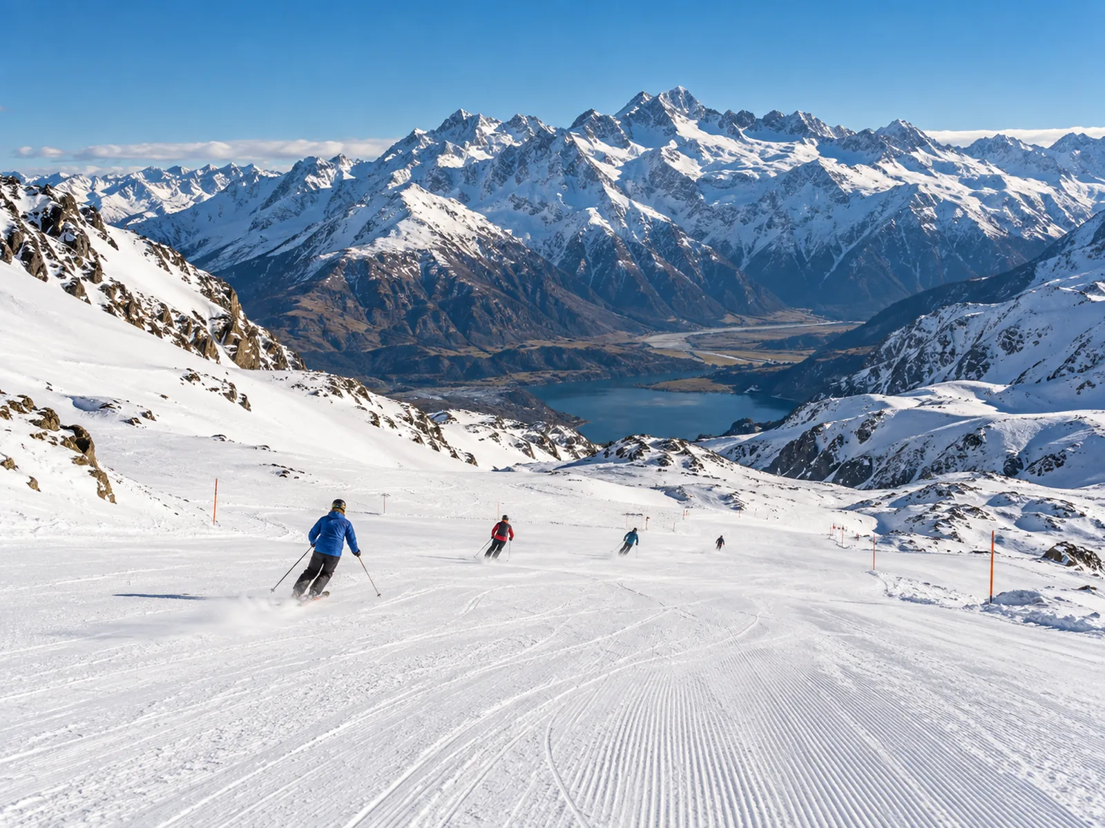 Skiers on a groomed run with the jagged Remarkables peaks behind them