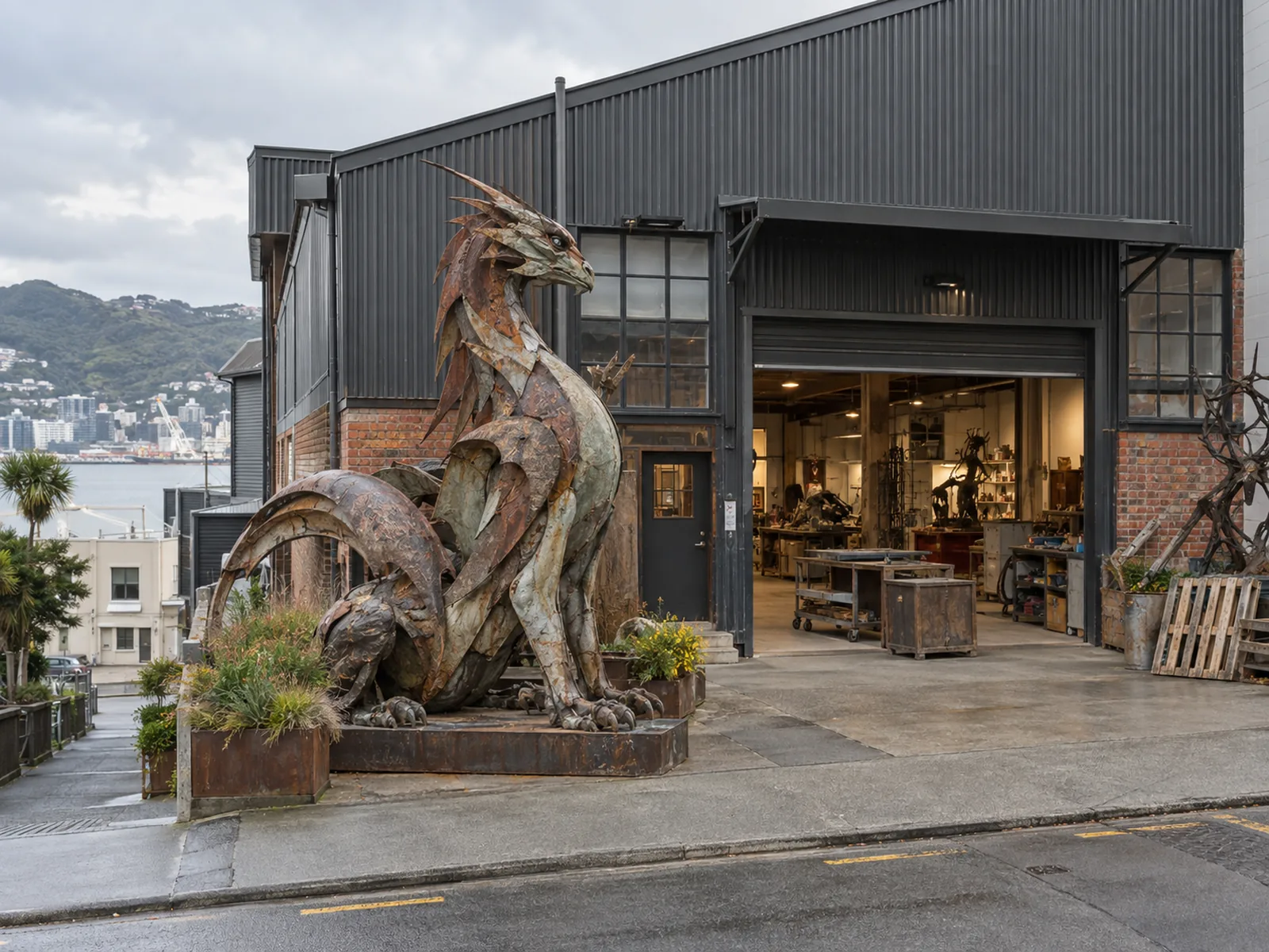 The exterior of a creative workshop building in Wellington with a large sculptural display
