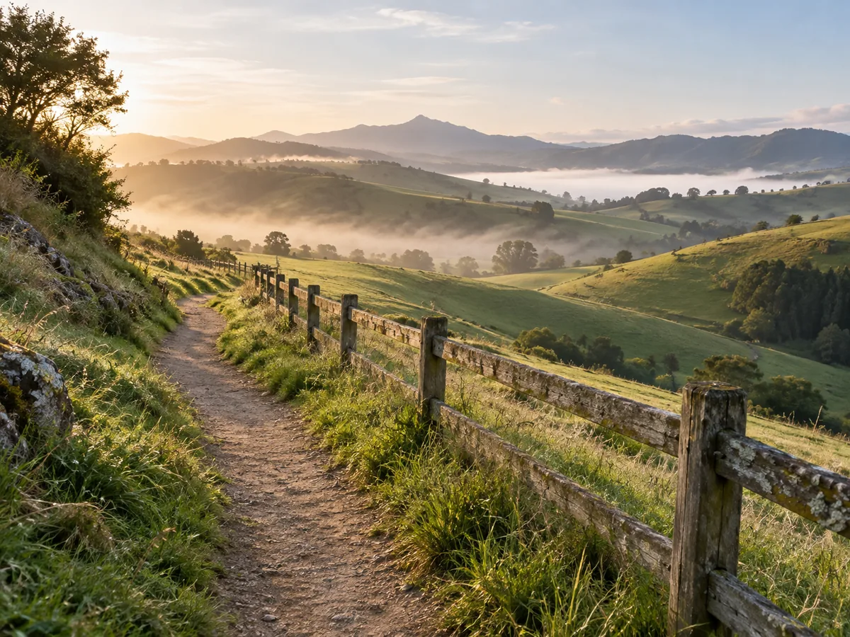 A quiet green countryside path beside a wooden fence and rolling hills